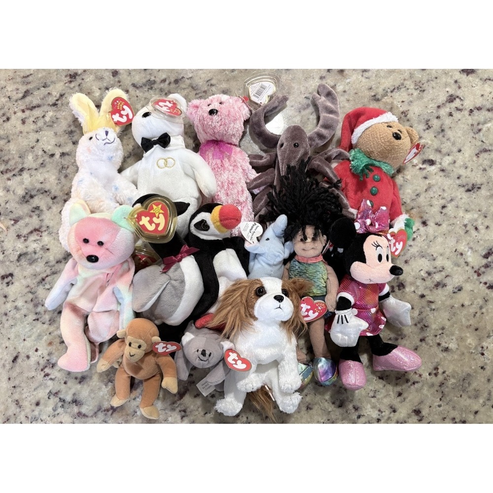 Lot of 14 TY Beanie Babies Plush Minnie Mouse Bear Bunny Penguin Dog